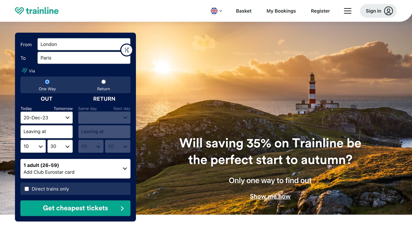 Trainline website screenshot